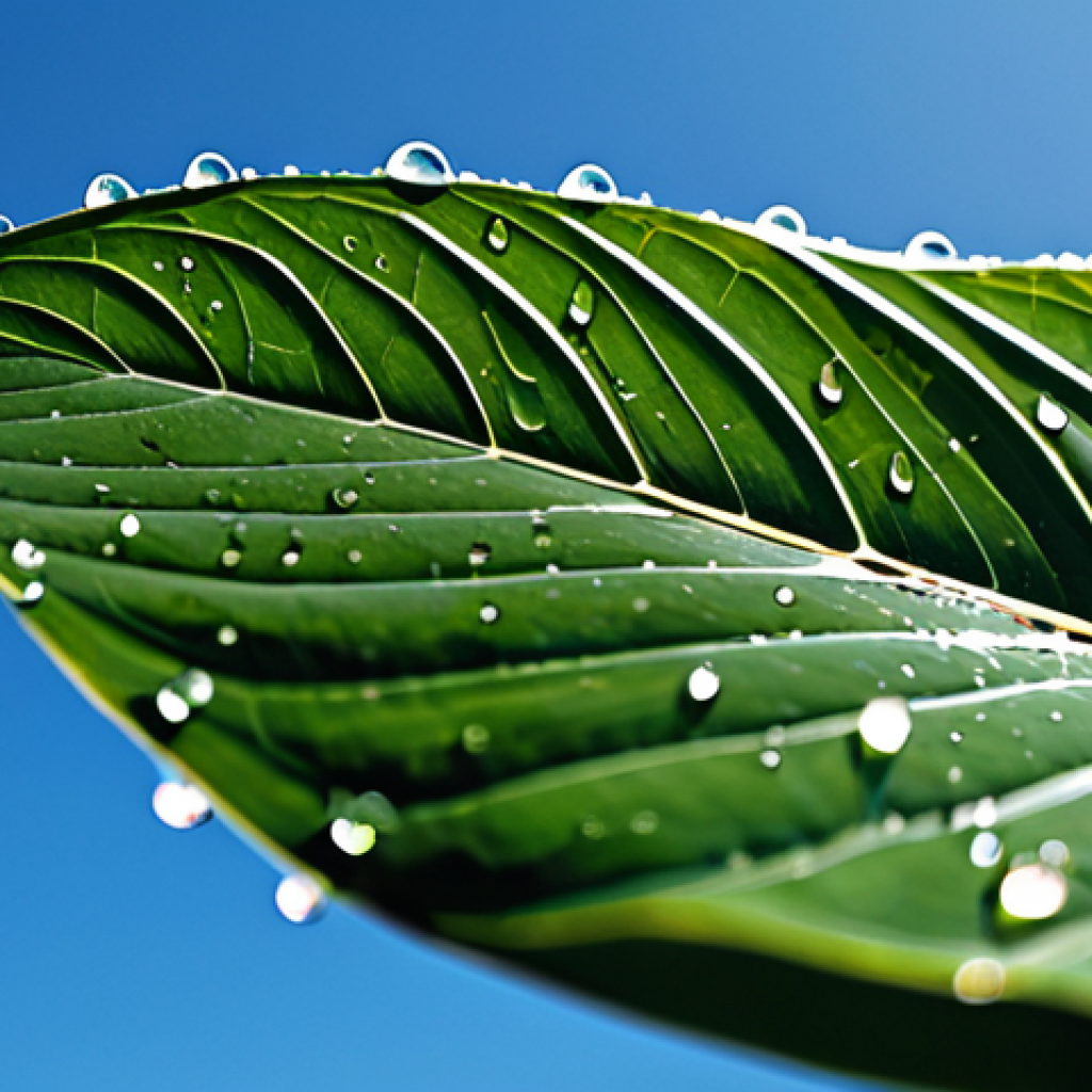 A professional, detailed close-up of a self-cleaning architectural surface, clearly inspired by the lotus leaf effect. Water droplets are perfectly beading and rolling off the intricate, textured, hydrophobic surface, carrying dust particles away, set against a backdrop of a clear blue sky. The surface design showcases perfect anatomy, correct proportions, and a natural, elegant flow in its biomimetic form. Professional photography, high detail, natural lighting, sharp focus, vibrant colors, safe for work, appropriate content, fully clothed, modest, family-friendly.