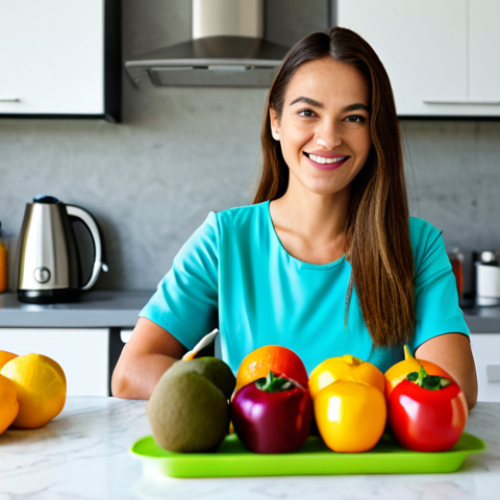Home 14 **
"A woman in a brightly lit kitchen, preparing a colorful smoothie with fresh fruits (citrus, kiwi, peppers). She is fully clothed in a modest, comfortable kitchen outfit. The kitchen is clean and modern. Focus on the ingredients and the woman's healthy lifestyle. safe for work, appropriate content, perfect anatomy, natural proportions, professional photography, high quality."
**
