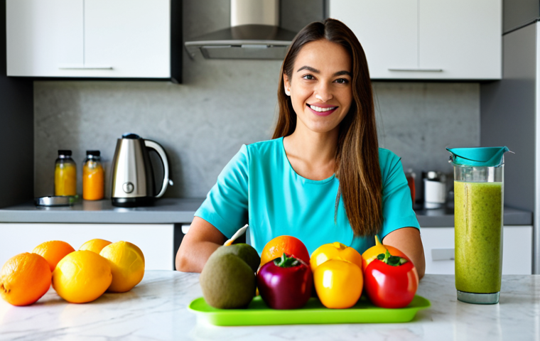 **

"A woman in a brightly lit kitchen, preparing a colorful smoothie with fresh fruits (citrus, kiwi, peppers). She is fully clothed in a modest, comfortable kitchen outfit. The kitchen is clean and modern. Focus on the ingredients and the woman's healthy lifestyle. safe for work, appropriate content, perfect anatomy, natural proportions, professional photography, high quality."

**