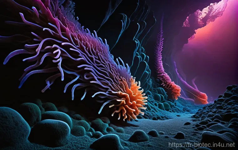 고세균 및 극한환경 미생물 연구 - **Prompt:** A breathtaking, high-resolution shot of a deep-sea hydrothermal vent ecosystem. The scen...