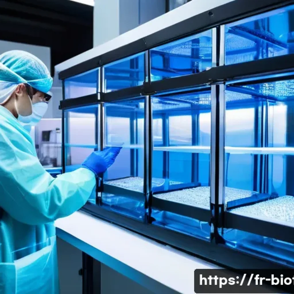 바이오 제조공학 개념 - A futuristic biofabrication laboratory in Paris, featuring advanced 3D bioprinters depositing living...