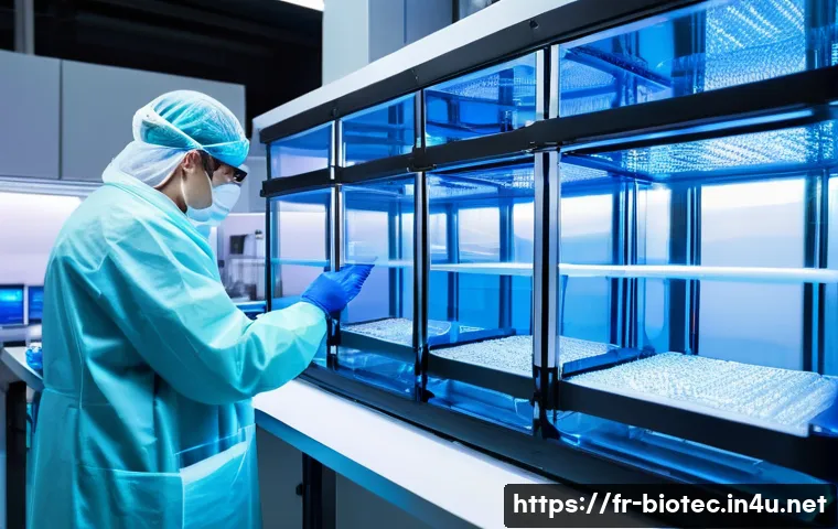 바이오 제조공학 개념 - A futuristic biofabrication laboratory in Paris, featuring advanced 3D bioprinters depositing living...