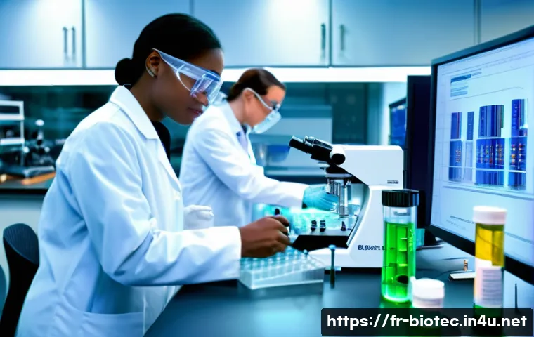 신약 개발 임상 시험 - A detailed laboratory scene illustrating the preclinical phase of drug testing in France: scientists...
