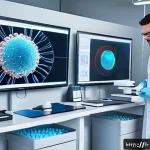 바이오나노기술과 약물전달 - A futuristic laboratory scene showcasing advanced nanotechnology drug delivery systems: detailed 3D-...