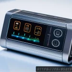 바이오센서 원리 - A futuristic laboratory setting in France, showcasing a close-up of a biosensor device integrating g...