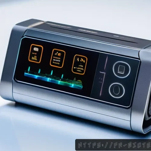 바이오센서 원리 - A futuristic laboratory setting in France, showcasing a close-up of a biosensor device integrating g...