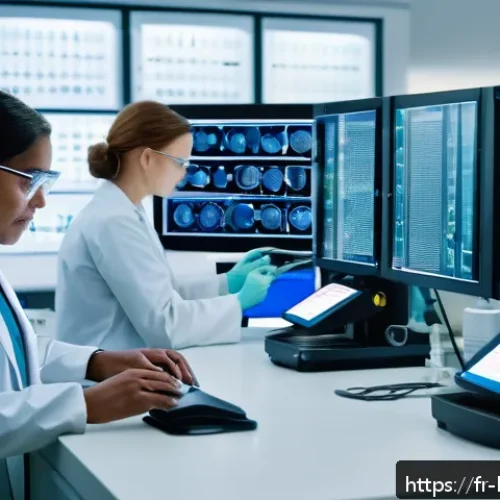 바이오 공정 최적화 - A high-tech biotechnology laboratory scene showing scientists in lab coats working on genetic modifi...