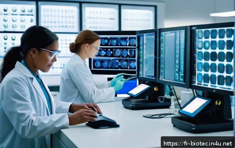 바이오 공정 최적화 - A high-tech biotechnology laboratory scene showing scientists in lab coats working on genetic modifi...