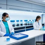 백신 플랫폼 기술 - A futuristic biotechnology laboratory scene focused on mRNA vaccine development, showcasing scientis...