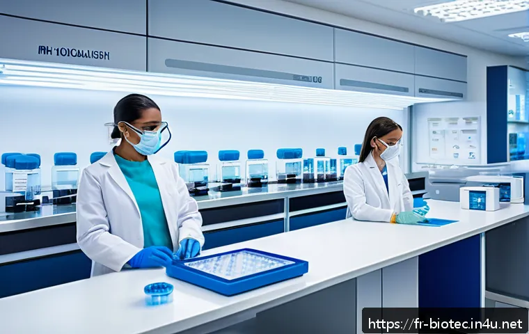 백신 플랫폼 기술 - A futuristic biotechnology laboratory scene focused on mRNA vaccine development, showcasing scientis...