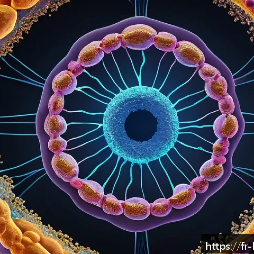 세포 주기 조절 기작 - A highly detailed scientific illustration of the cell cycle, showing key proteins such as cyclins an...