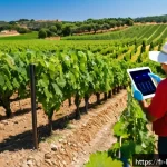 바이오 기반 농업 기술 - A modern French vineyard in the Languedoc region during summer, showcasing advanced moisture sensors...