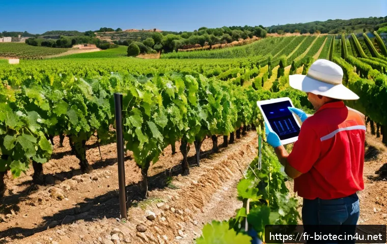 바이오 기반 농업 기술 - A modern French vineyard in the Languedoc region during summer, showcasing advanced moisture sensors...