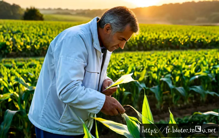 Home 17 GMO 작물과 윤리적 논쟁 - Photorealistic French agricultural landscape at sunrise, a middle-aged farmer in practical work clot...