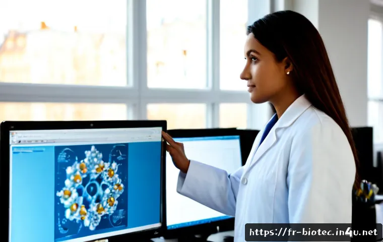단백질 구조 예측 - Photorealistic molecular biology laboratory scene in France, a diverse female scientist in a white l...